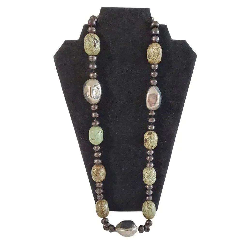 Chunky Jasper Stone Statement Necklace Organic Stones Beads Southwestern Silver